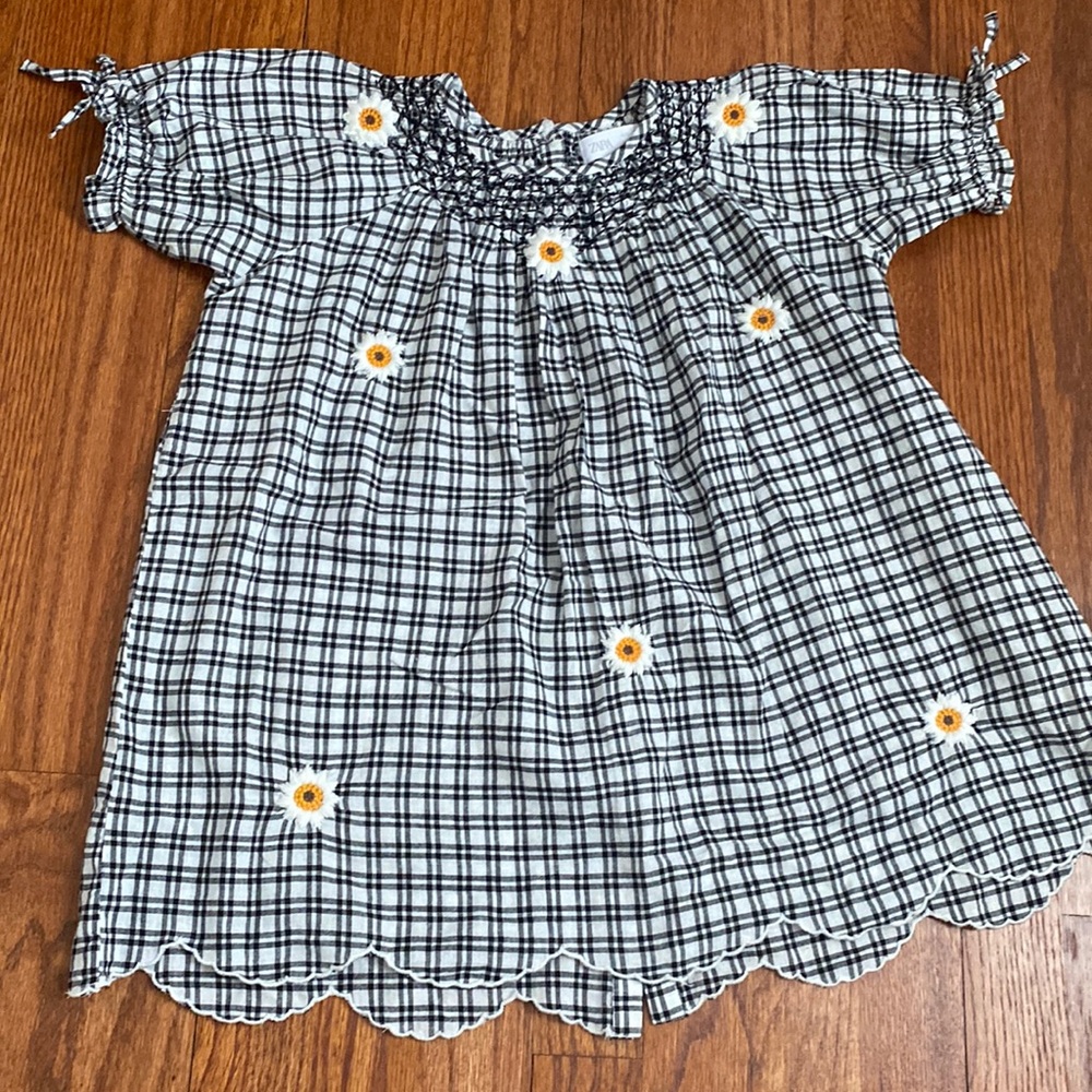 Zara Girls Black & White Plaid Dress with Embroidered Sunflowers & Other Details